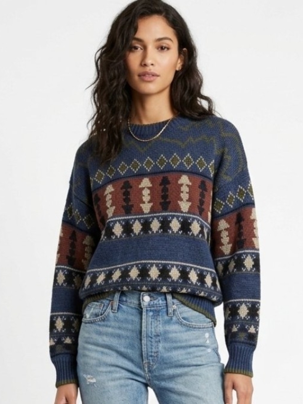 Vintage Fair Isle Abstract Geometric Patterned Crewneck Sweater In Navy Blue